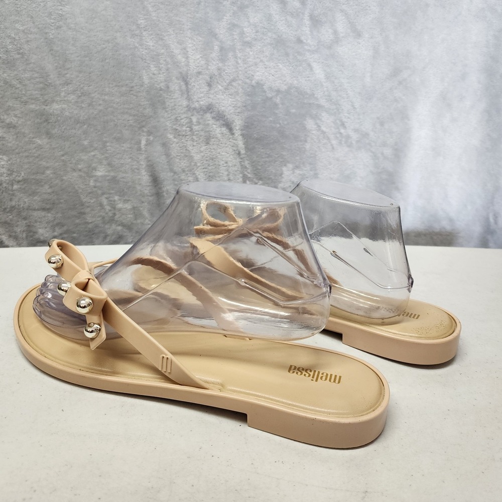 Melissa Sandals Womens Size 10 Slim Li Flip Flops Tan Silver Beaded Bow Thong - Picture 11 of 11